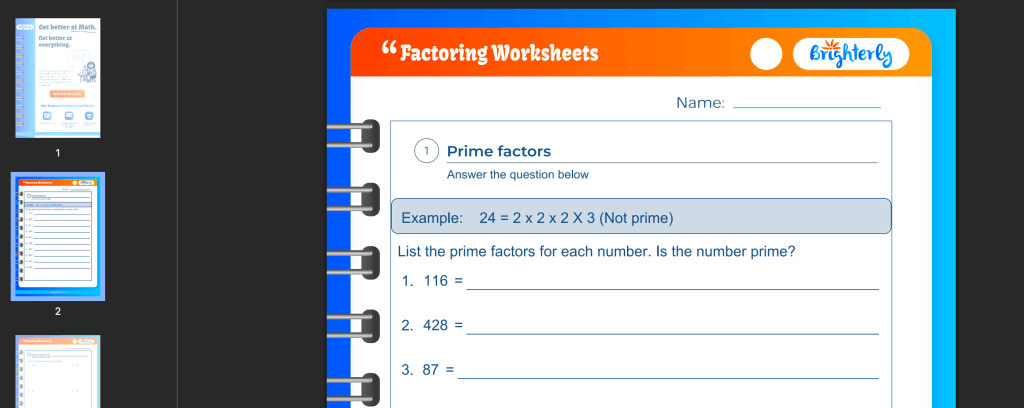 The importance of factoring for mastering algebra is hard to overestimate. With the right factoring worksheet, your 7th grader can practice breaking down numbers into factors, identify common factors, and understand how numbers connect, which are key for making future algebra topics like simplifying polynomials and solving quadratic equations easier.Factoring problems worksheet: Examples