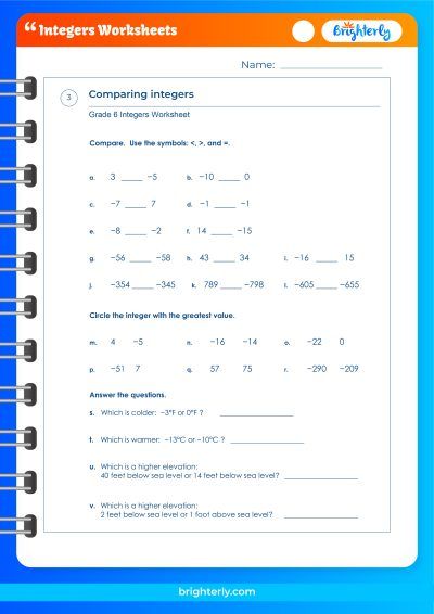 Integers Practice Worksheet