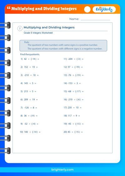 Multiplication And Division Of Integers Worksheet