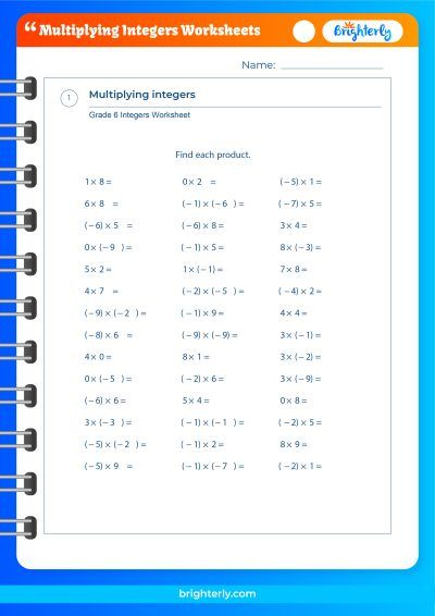 Multiplying Integers Worksheet PDF