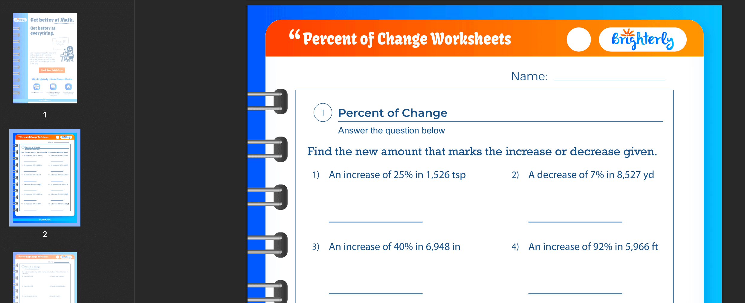 Percent change worksheet: Examples
