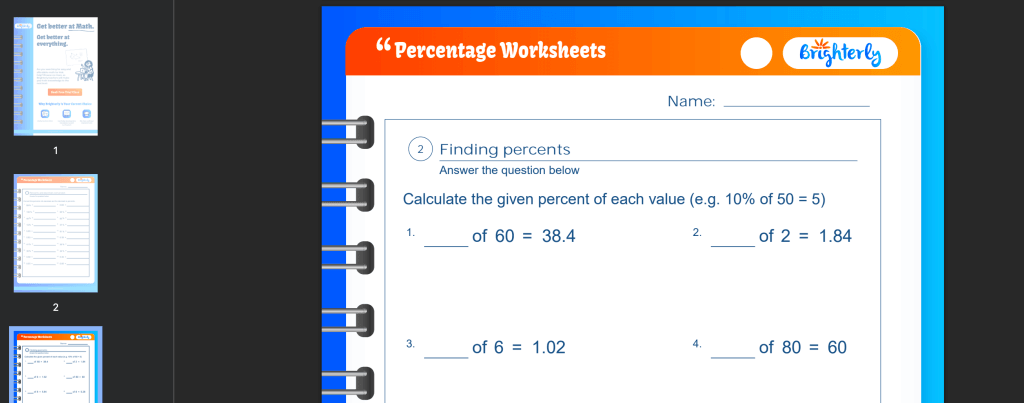 Percentage worksheet: Examples