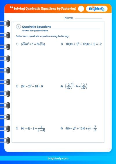 Solve Quadratic Equation By Factoring Worksheet