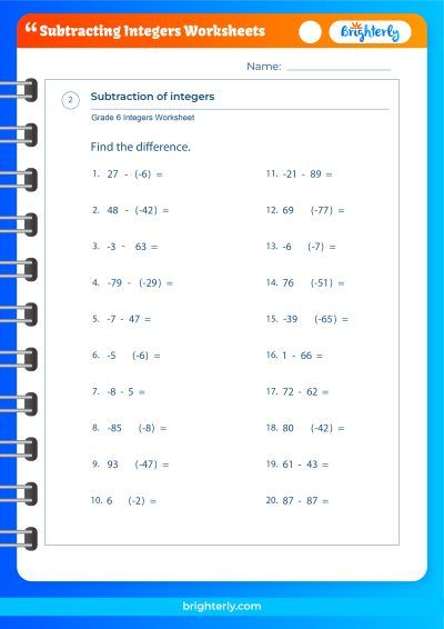 Subtraction Integers Worksheets