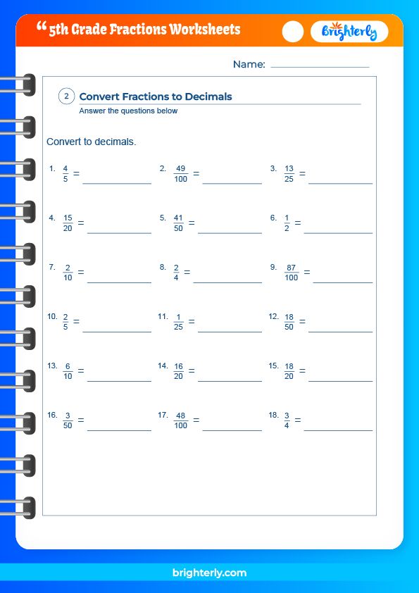 FREE 5Th Grade Fractions Worksheets [PDFs] Brighterly