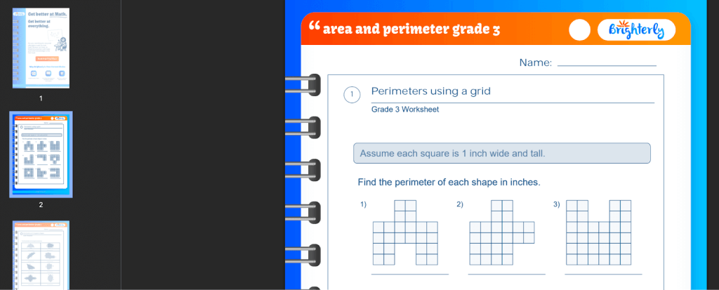 3rd grade perimeter and area worksheets: Examples