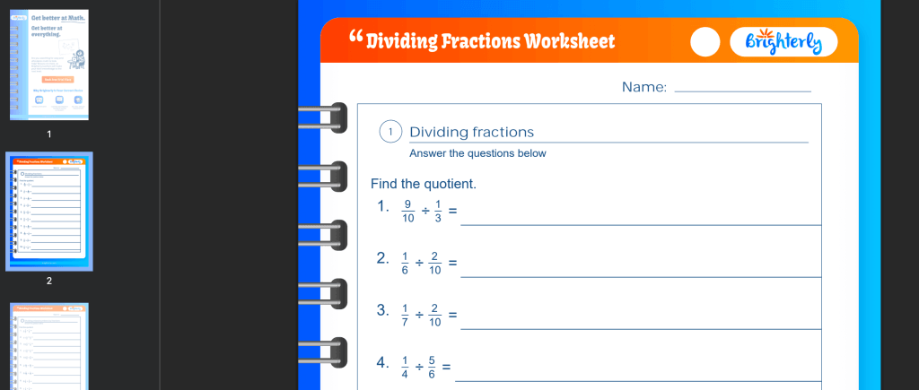 Dividing fractions worksheet 6th grade: Examples