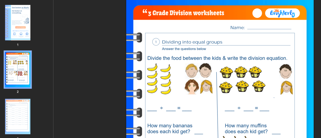 Division worksheets grade 3: Examples of Brighterly
