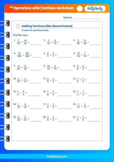Fractions, Adding, Subtracting, Multiplying And Dividing Worksheet