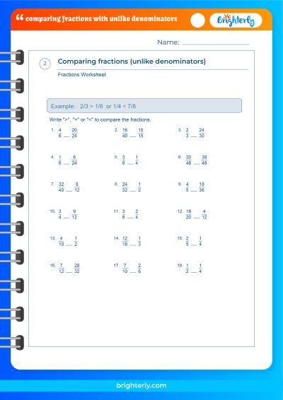 Comparing Fractions With Different Denominators Worksheet PDF