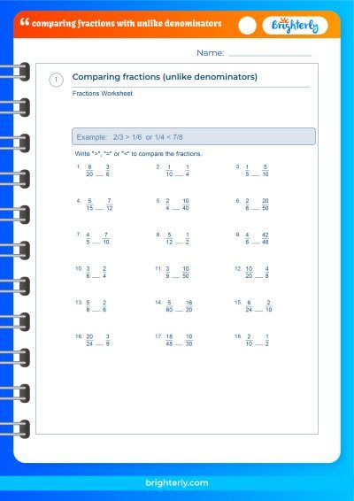 Compare Fractions With Unlike Denominators Worksheet