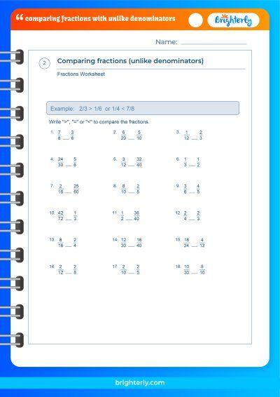 Comparing Fractions Different Denominators Worksheet