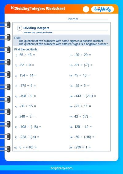 Divide Integers Worksheet