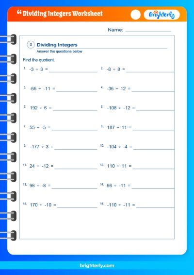 Division Of Integers Worksheet Grade 7