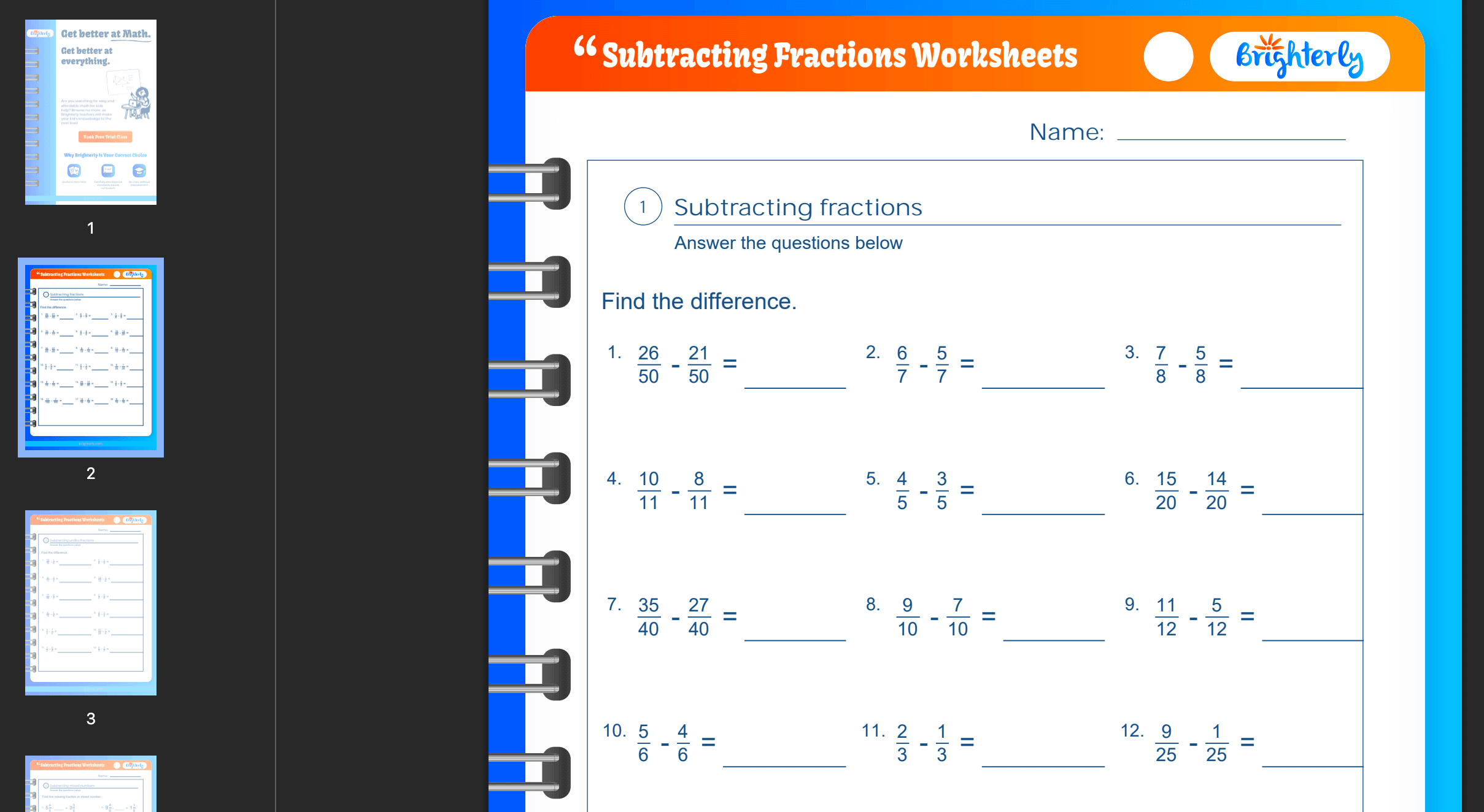 Fraction subtraction worksheet: Examples