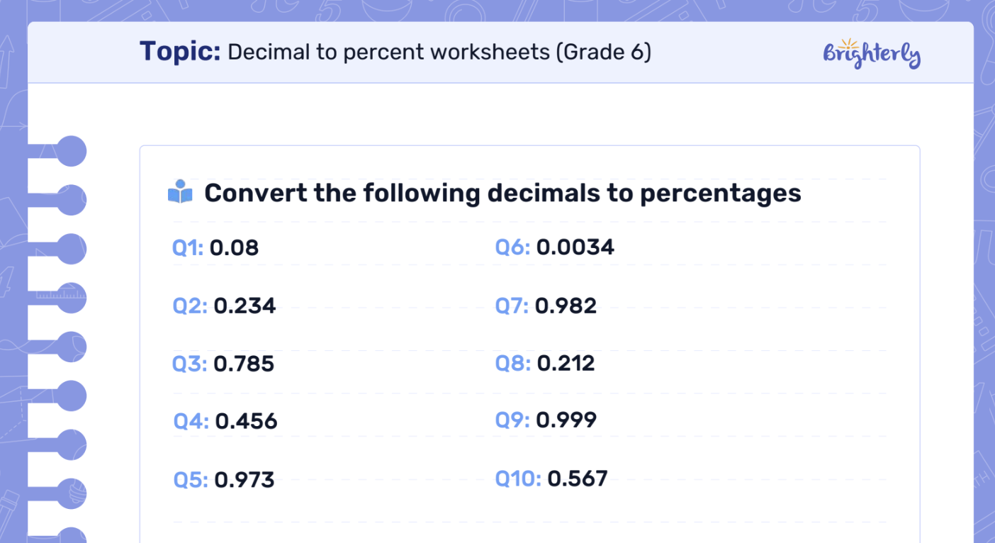 Decimal to percent worksheet: Examples