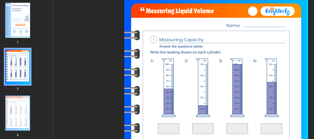 Measuring liquid volume worksheet: Examples