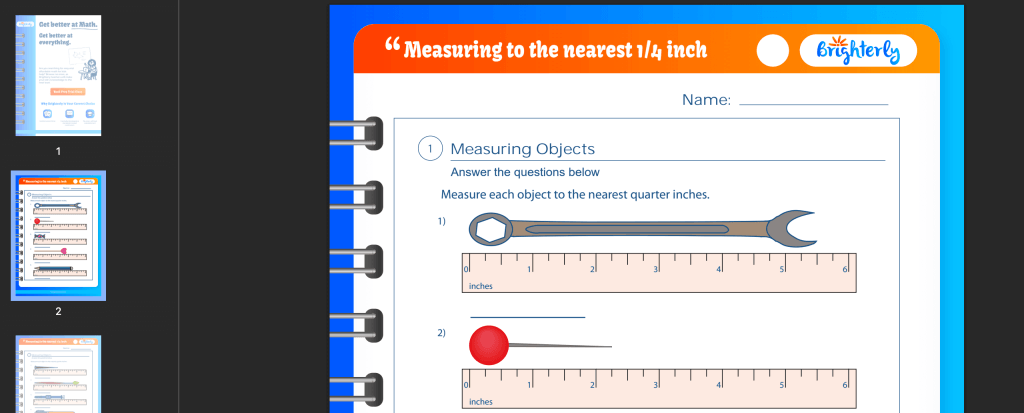 Measuring to the nearest 1/4 inch worksheet: An example