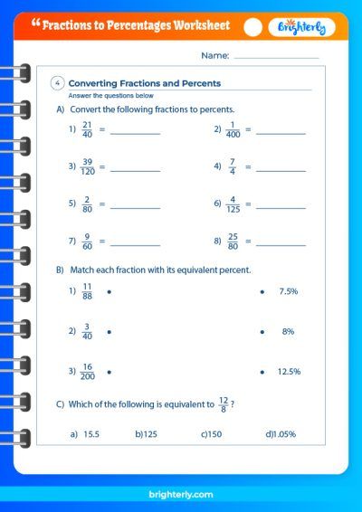 Percents To Fractions Worksheet PDF