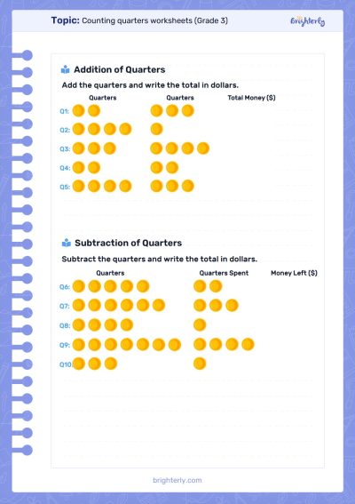 Counting quarters worksheets Grade 2 4