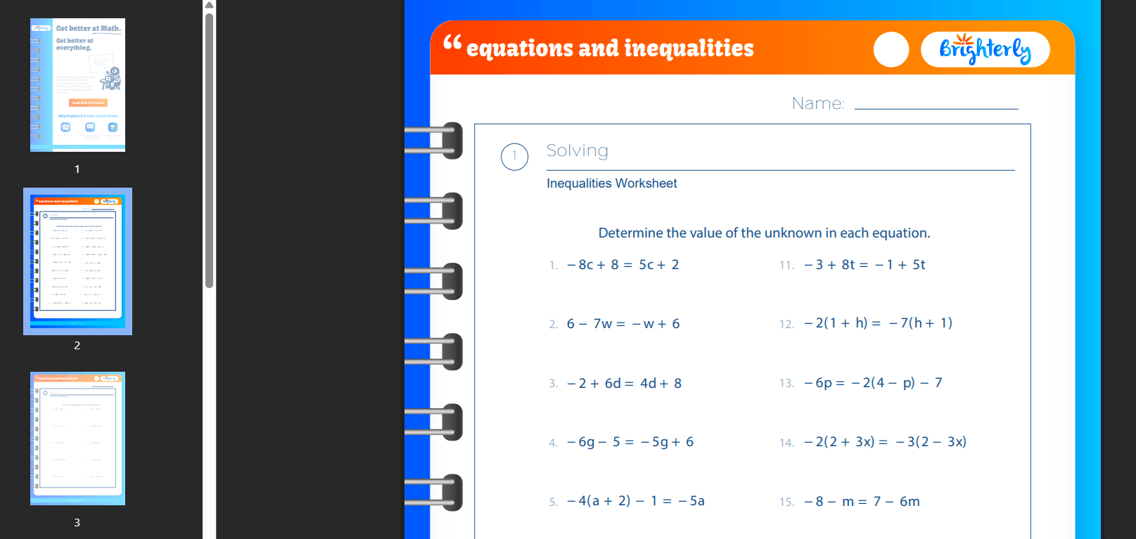 Inequalities and equations worksheet: Examples