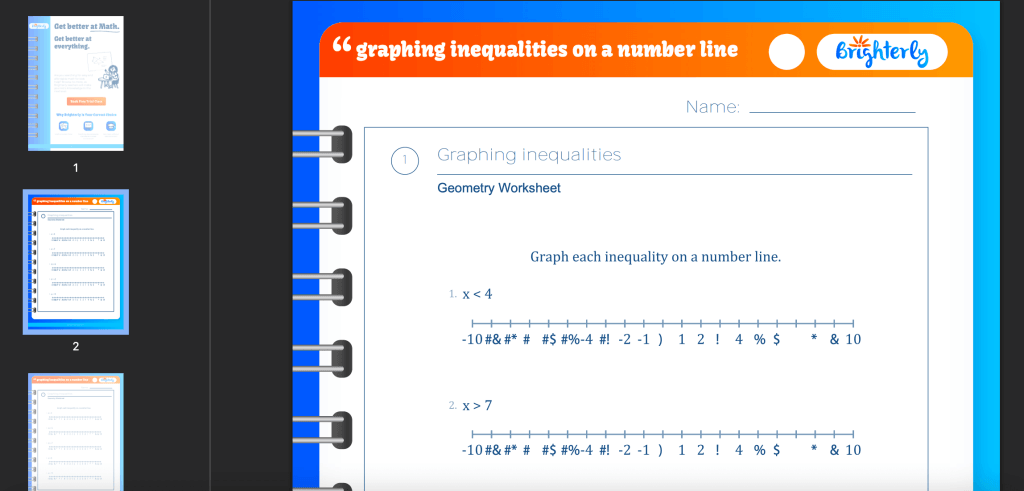 Graphing inequalities on a number line worksheet: Examples