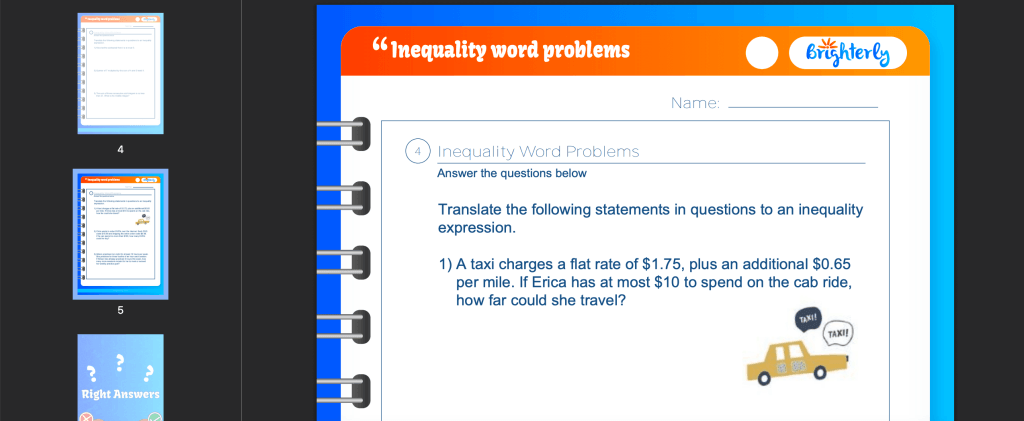 Inequalities problems worksheets: Examples
