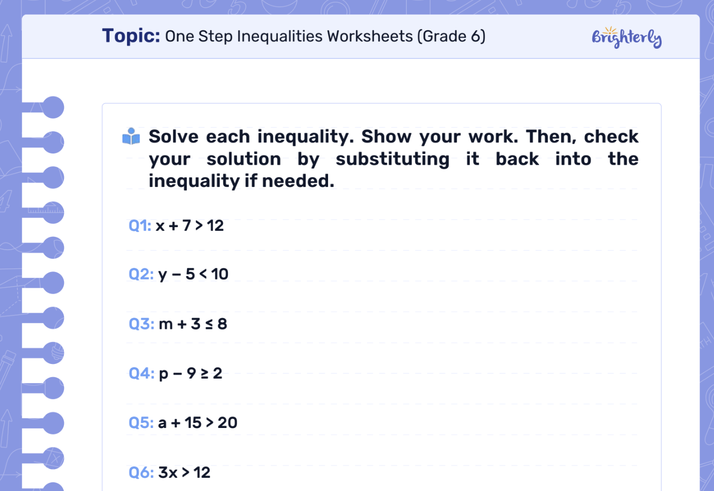 1 step inequalities worksheet: Examples