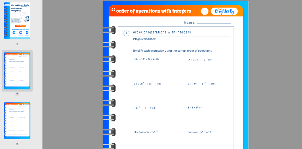 Operations with integers worksheet: Examples