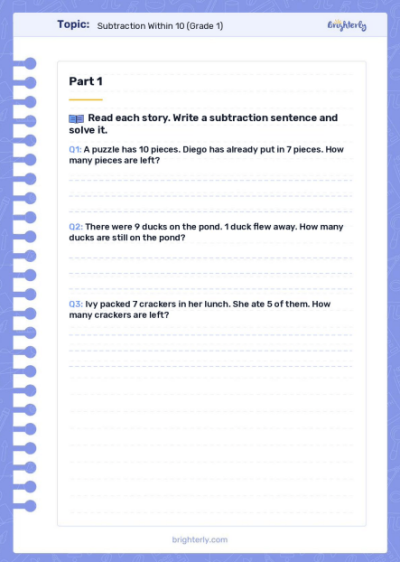 Subtraction Within 10 worksheet 1