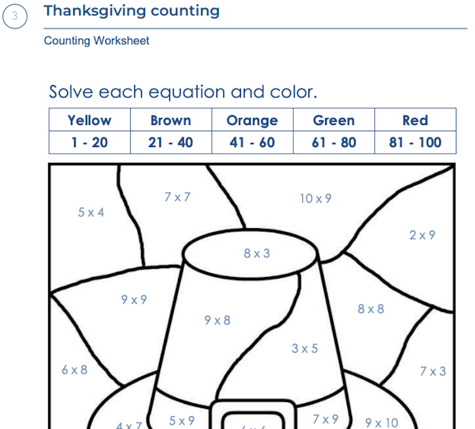 Thanksgiving Counting Worksheets 2