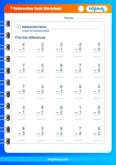 Subtraction Math Facts Worksheets