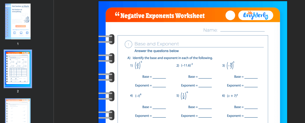 Negative exponents worksheets: Examples
