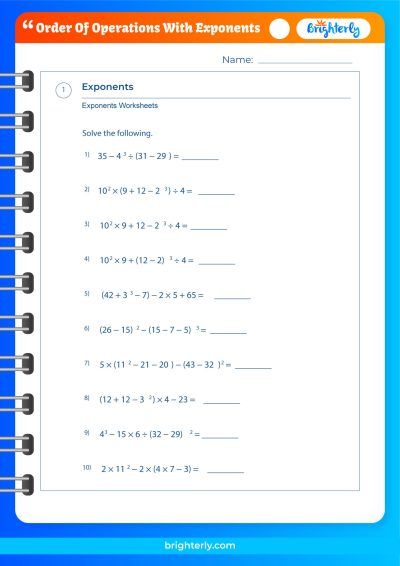 Order of Operations Worksheets with Exponents