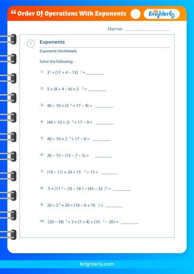 Order of Operations with Exponents Worksheets with Answers