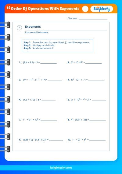 Order of Operations with Exponents Worksheet PDF with Answers
