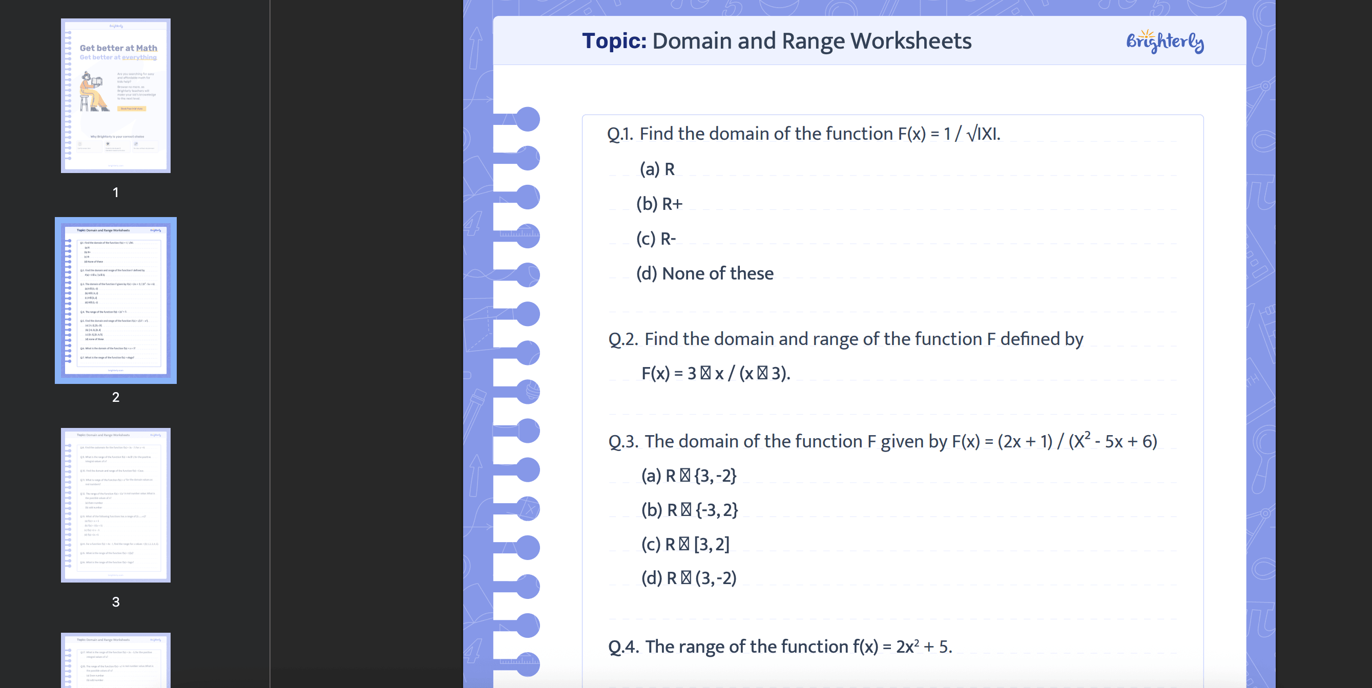 Domain and range worksheet PDF: Examples