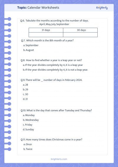 Calendar Worksheet for Kids