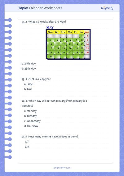Printable Calendar Worksheet