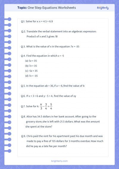 One Step Equations Worksheets 7th Grade