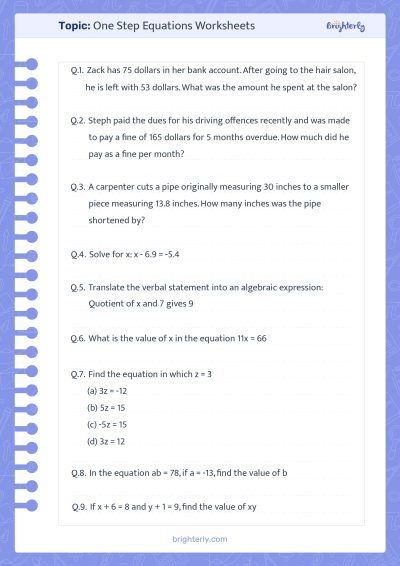 One Step Division Equations Worksheets