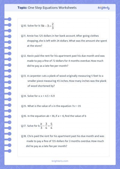 Solving One-Step Equations Worksheets
