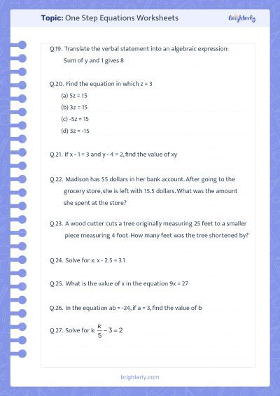 Worksheets On Solving One Step Equations