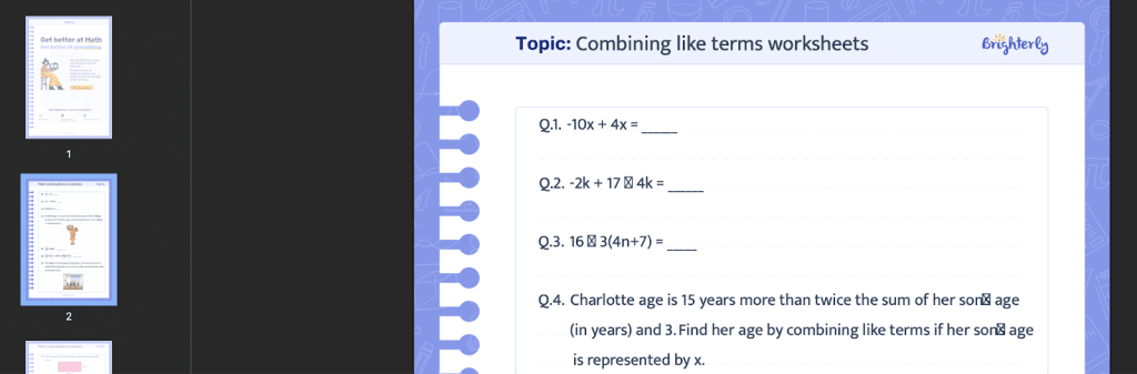 Combining like terms worksheets: Examples
