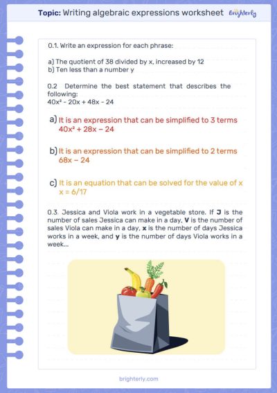 Writing Algebraic Expressions Worksheet PDF