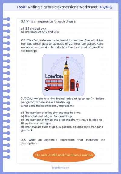 Writing Algebraic Expressions Worksheet