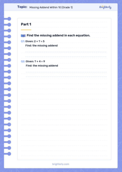 Missing Addend Worksheets PDF 1