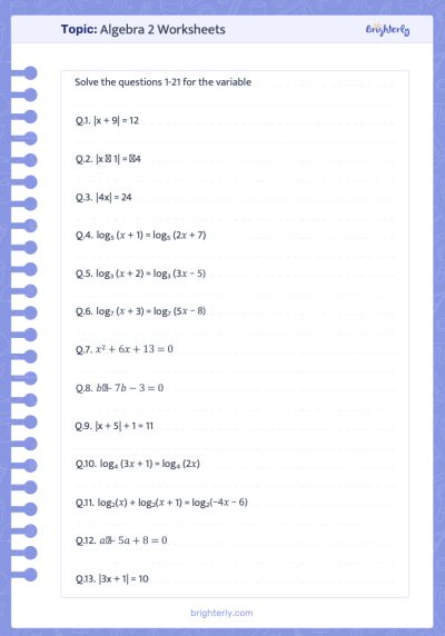 algebra 2 worksheets PDF