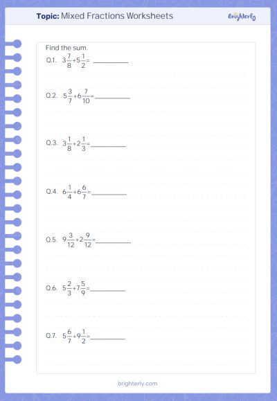Mixed Fractions Worksheets PDF