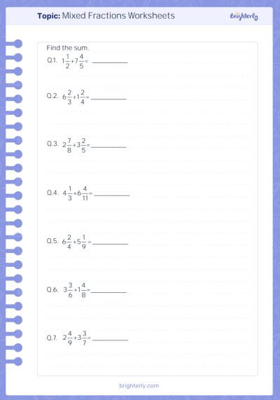 Mixed Fractions Worksheets